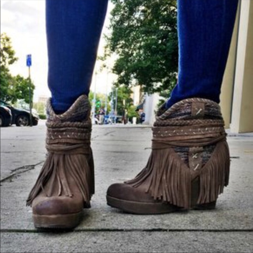 Taupe Boho Wedge Bootie with Fringe Detail - Picture 2 of 4